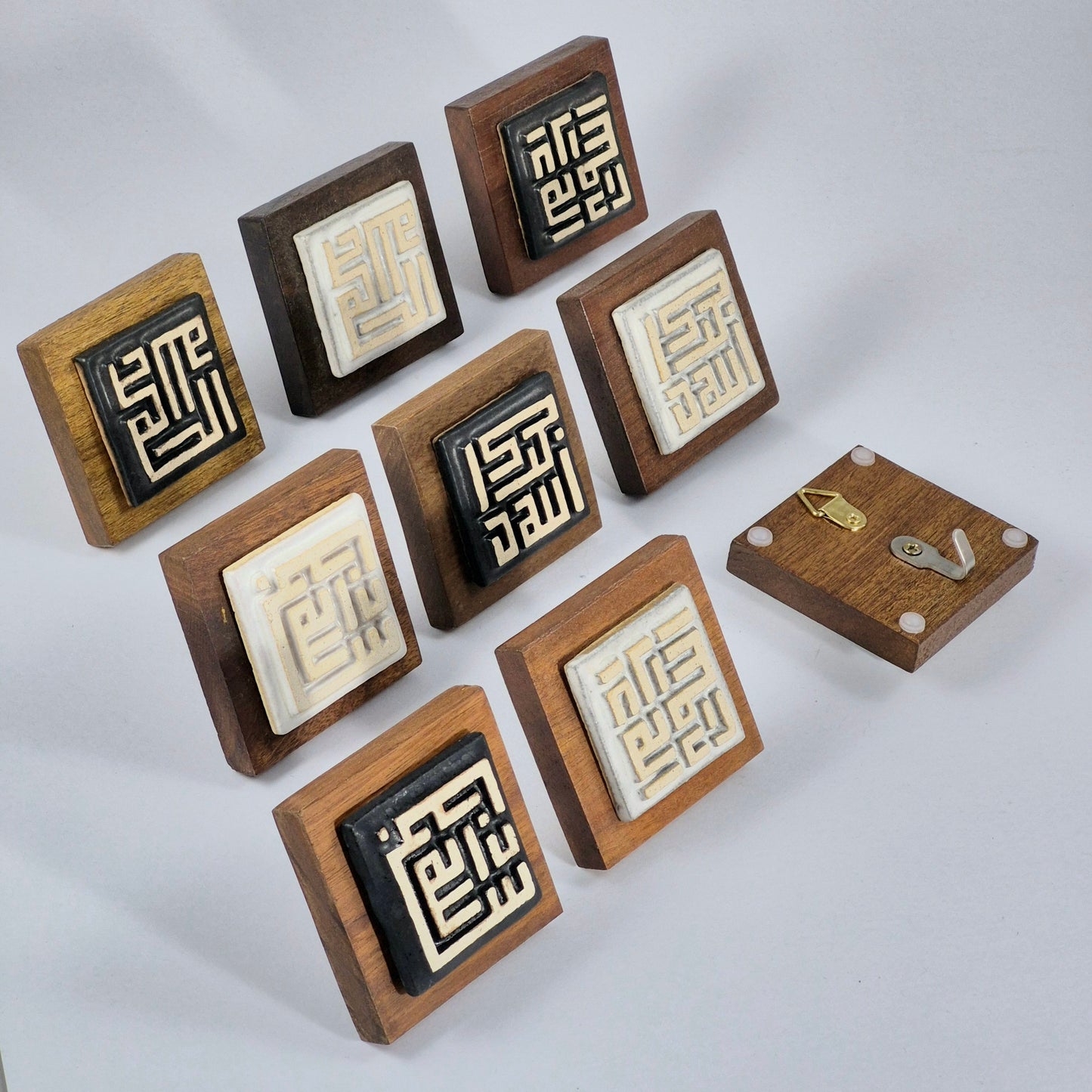 Keceramics Matte Black Matte White Arabic Calligraphy / Kufi Square Khat Zikir  Wall Plaque/ Table Plaque /Paper Weight/ (7x7x2cm) Islamic Decoration Door Gift