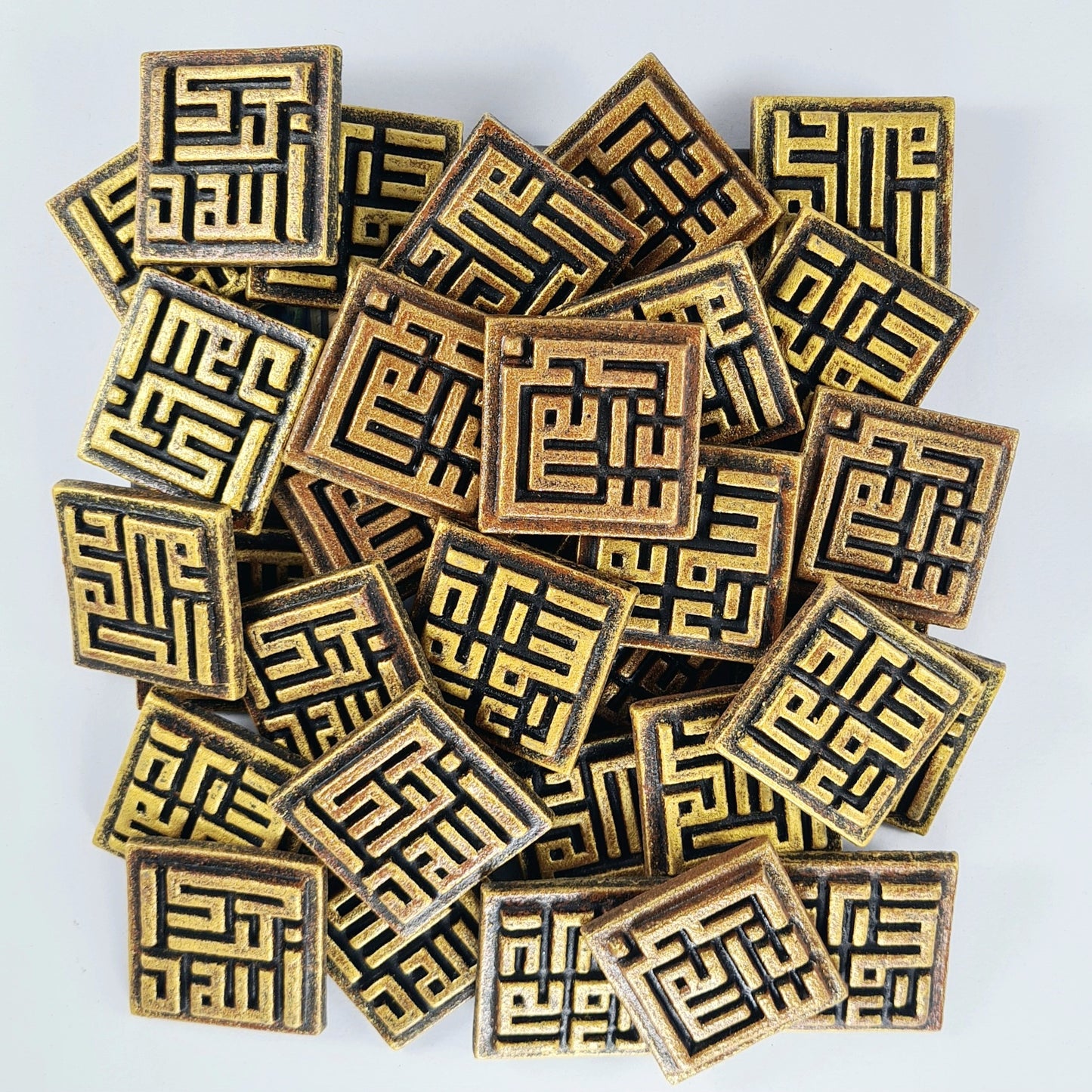 Keceramics Arabic Calligraphy /Khat Kufi Zikir Handmade Ceramic Fridge Magnet in Copper Gold color (5x5x1cm) Islamic Decor Souvenir Door Gift