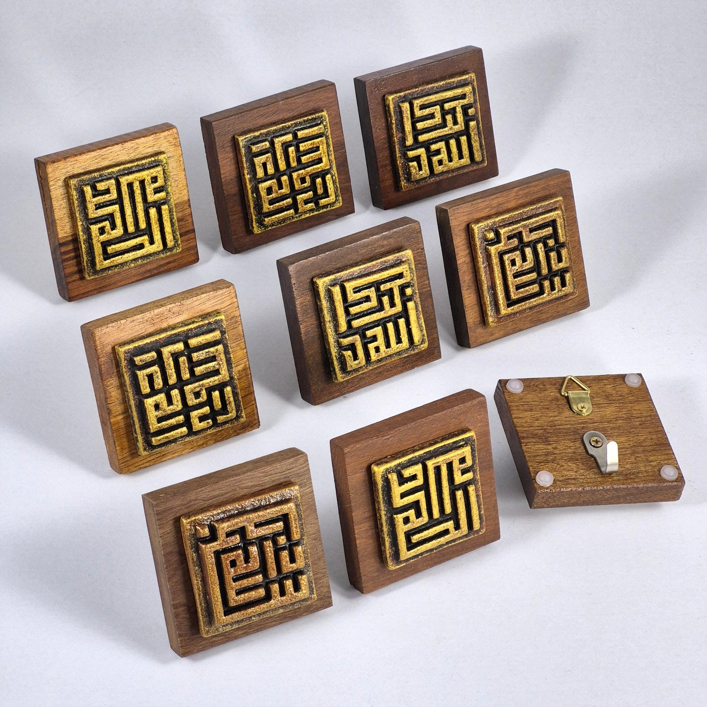 Keceramics CopperGold Arabic Calligraphy Khat Kufi Square Zikir Wooden Plaque Paper Weight/ Wall Plaque/ Table Plaque