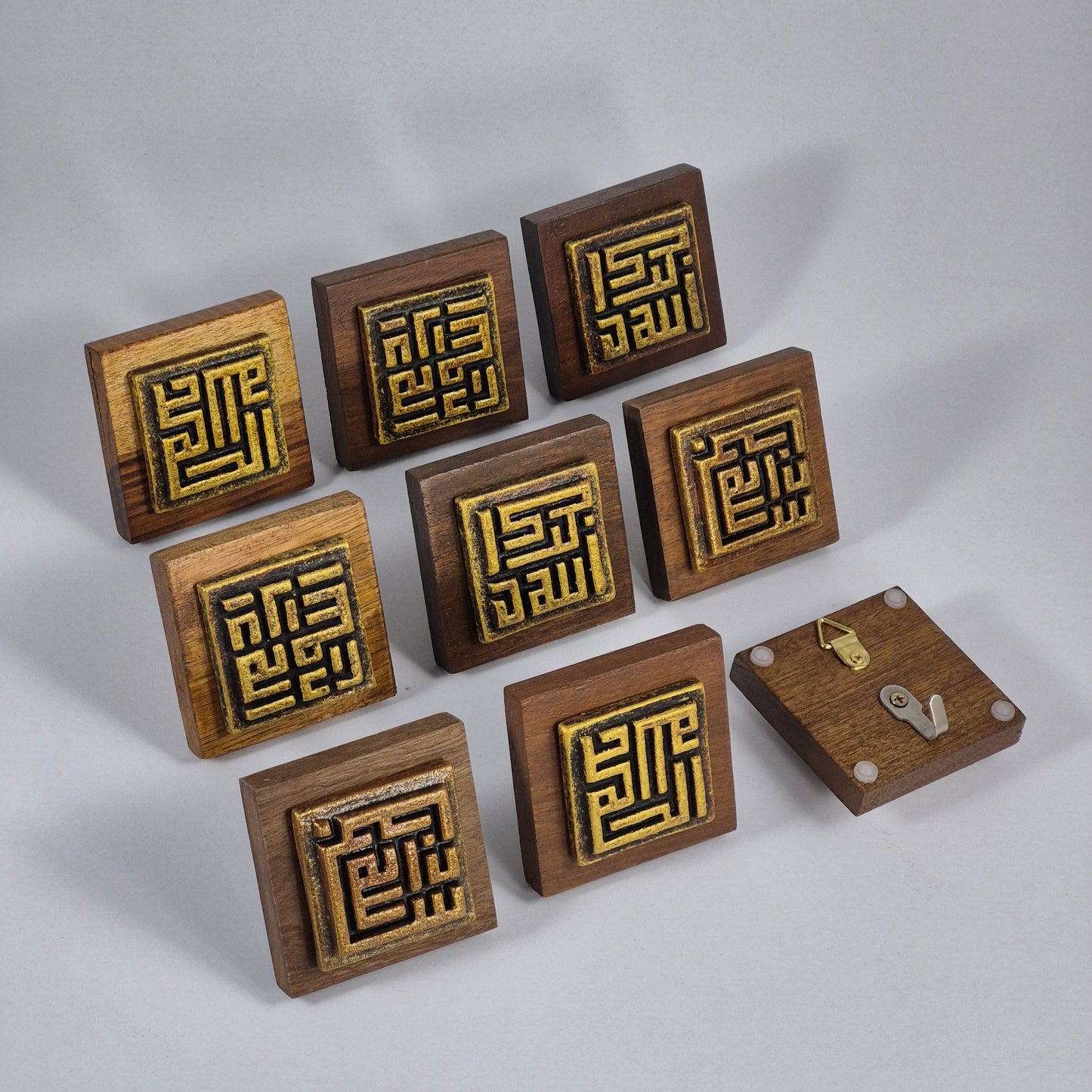 Keceramics CopperGold Arabic Calligraphy Khat Kufi Square Zikir Wooden Plaque Paper Weight/ Wall Plaque/ Table Plaque