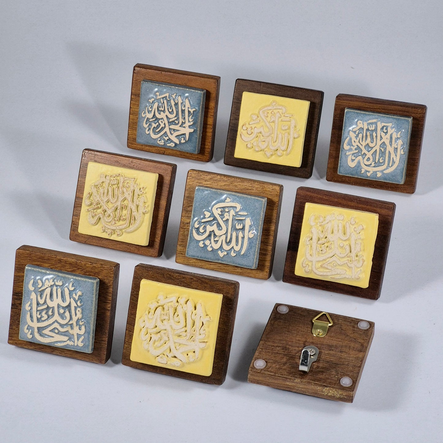 Keceramics  Mixed Glossy Blue Matte Yellow Arabic Calligraphy Khat Zikir  Wall Plaque/ Table Plaque /Paper Weight/ (7x7x2cm) Islamic Decoration Door Gift