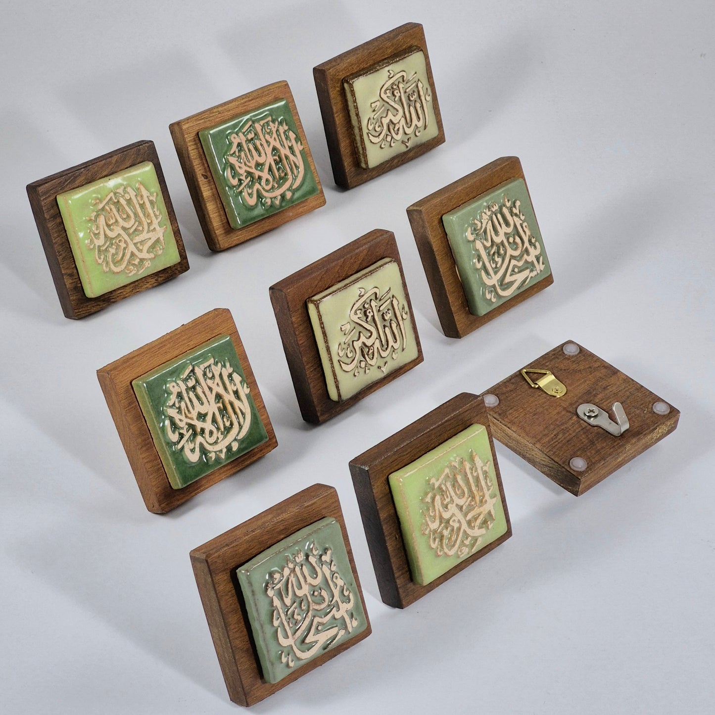 Keceramics  Green Tone Arabic Calligraphy Khat Zikir  Wall Plaque/ Table Plaque /Paper Weight/ (7x7x2cm) Islamic Decoration Door Gift