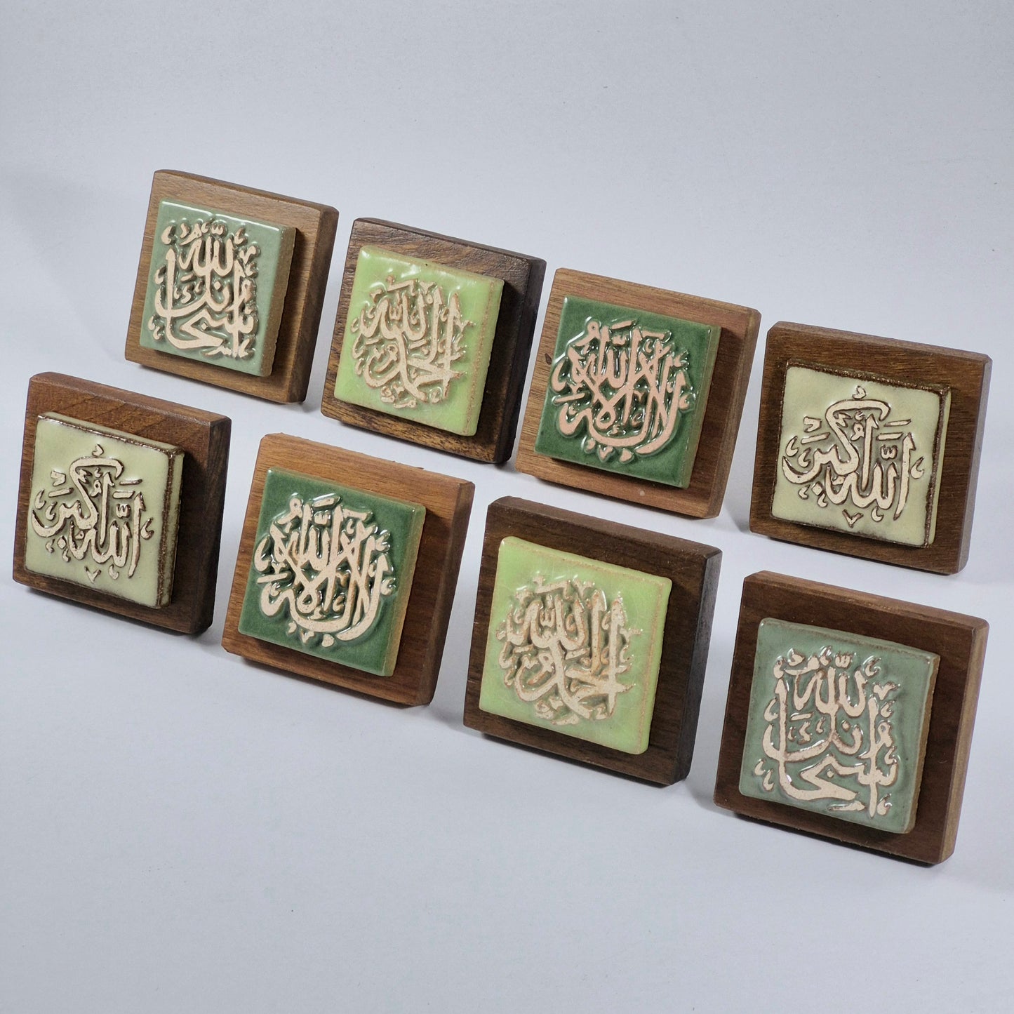 Keceramics  Green Tone Arabic Calligraphy Khat Zikir  Wall Plaque/ Table Plaque /Paper Weight/ (7x7x2cm) Islamic Decoration Door Gift