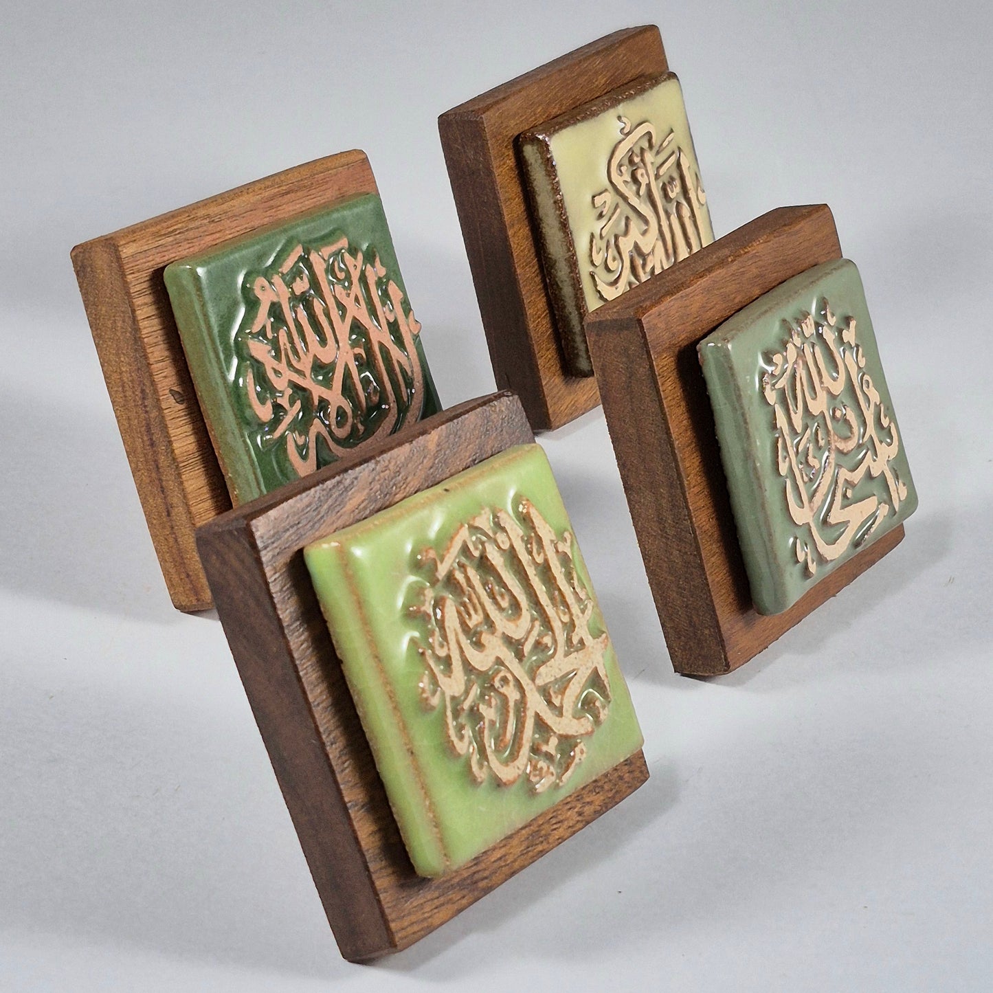 Keceramics  Green Tone Arabic Calligraphy Khat Zikir  Wall Plaque/ Table Plaque /Paper Weight/ (7x7x2cm) Islamic Decoration Door Gift